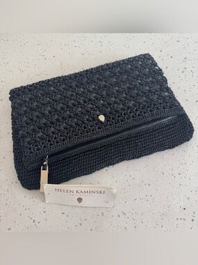 NWT Helen Kaminski Handcrafted Foldover Clutch Straw and Leather